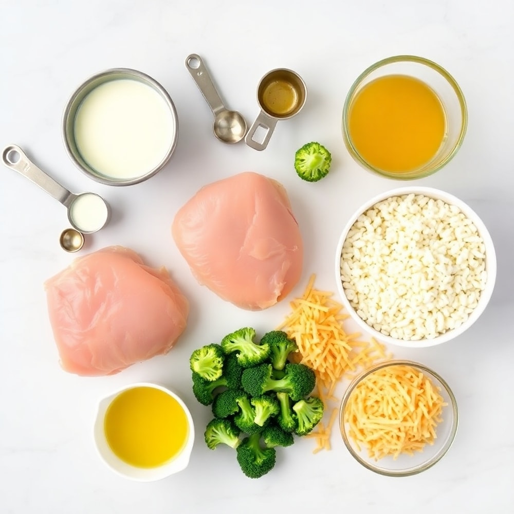 Raw ingredients for Cheesy Chicken Broccoli Rice laid out