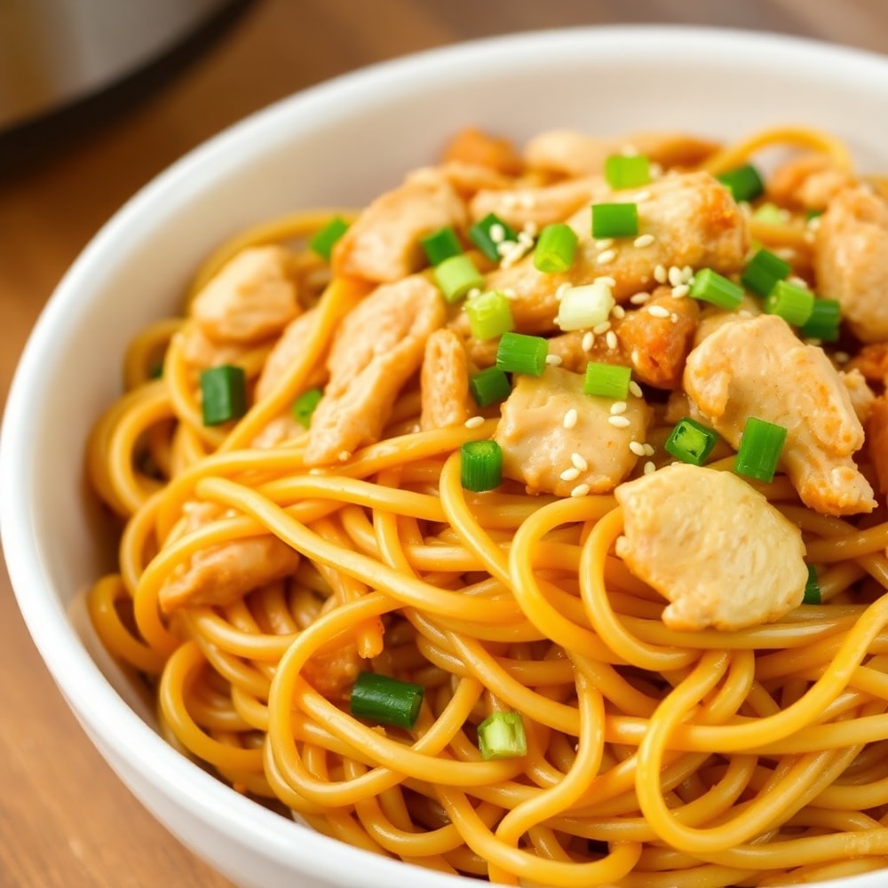 Crockpot Chicken Lo Mein plated with green onions and sesame seeds