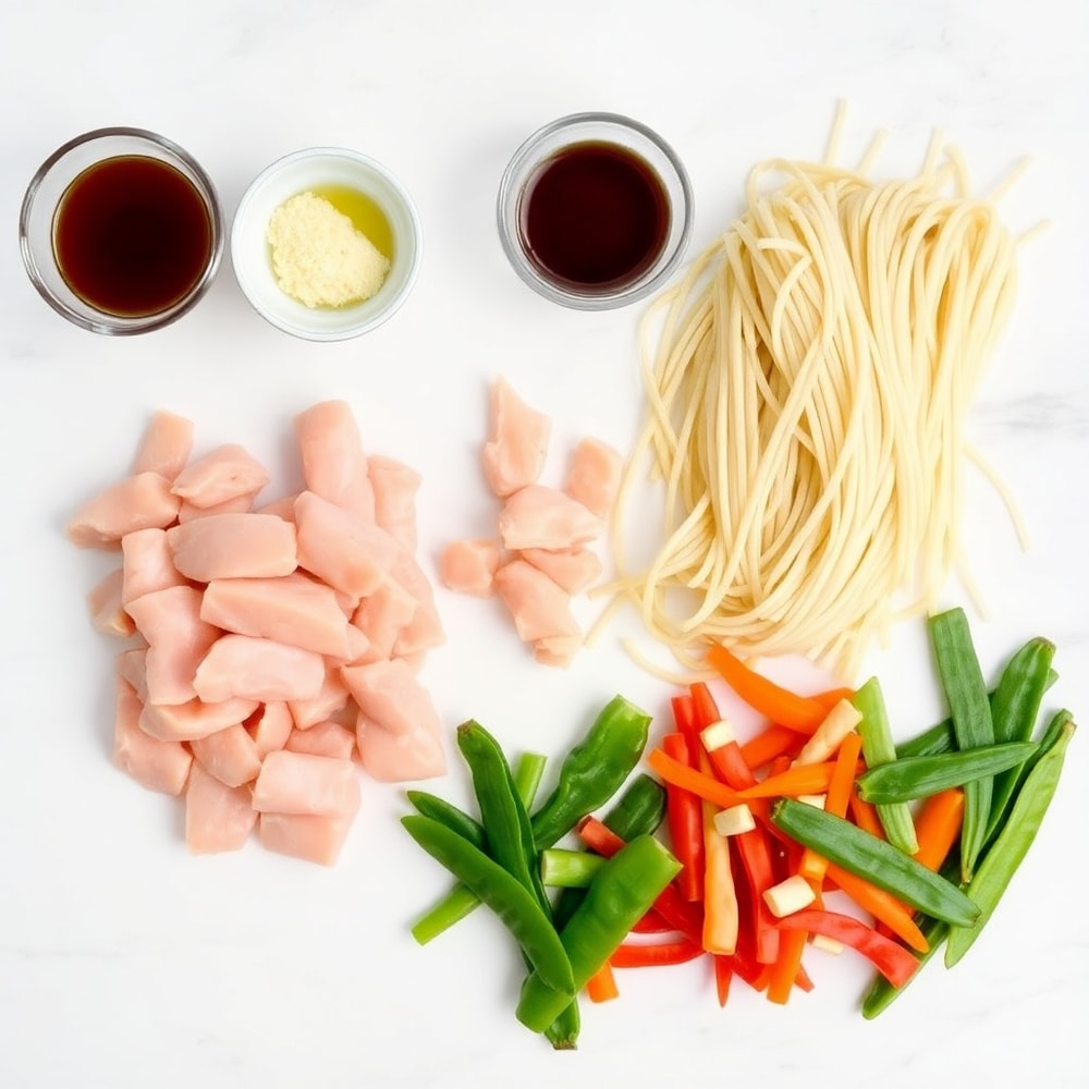 Crockpot Chicken Lo Mein ingredients: chicken, noodles, soy sauce, garlic, ginger, vegetables