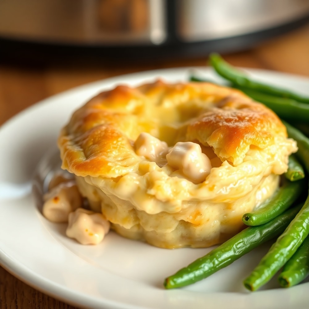 Served Crockpot Chicken Pot Pie with a side of green beans