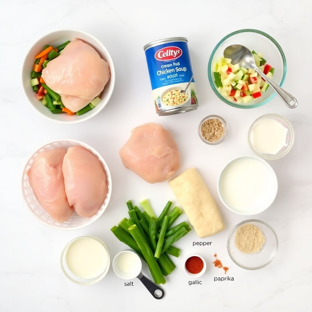 Raw ingredients for Crockpot Chicken Pot Pie including chicken, veggies, and cream of chicken soup