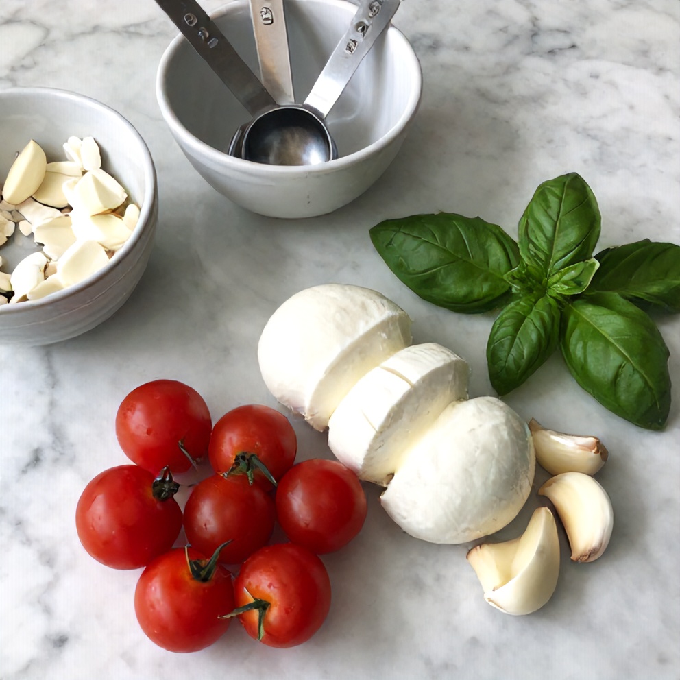 Ingredients for finger food recipes laid out on a marble surface