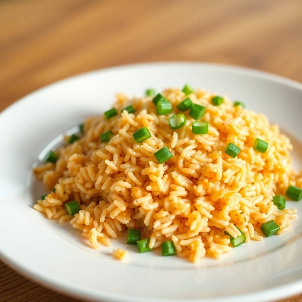 Easy Fried Rice plated with a garnish of green onions