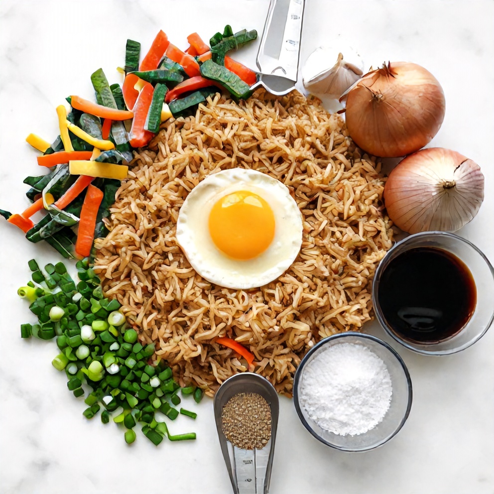 Ingredients for Easy Fried Rice laid out on a wooden surface