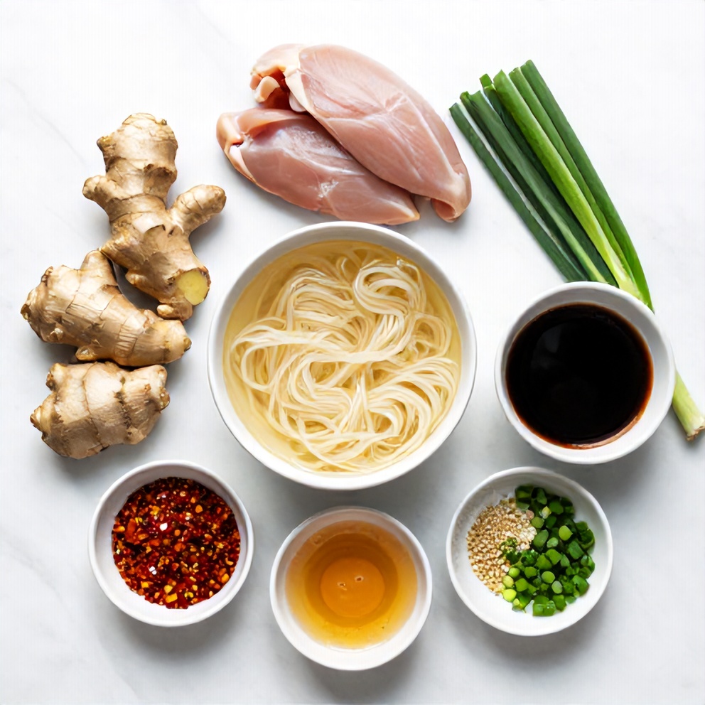 Raw ingredients for Ginger Scallion Chicken Noodle Soup, overhead flat lay