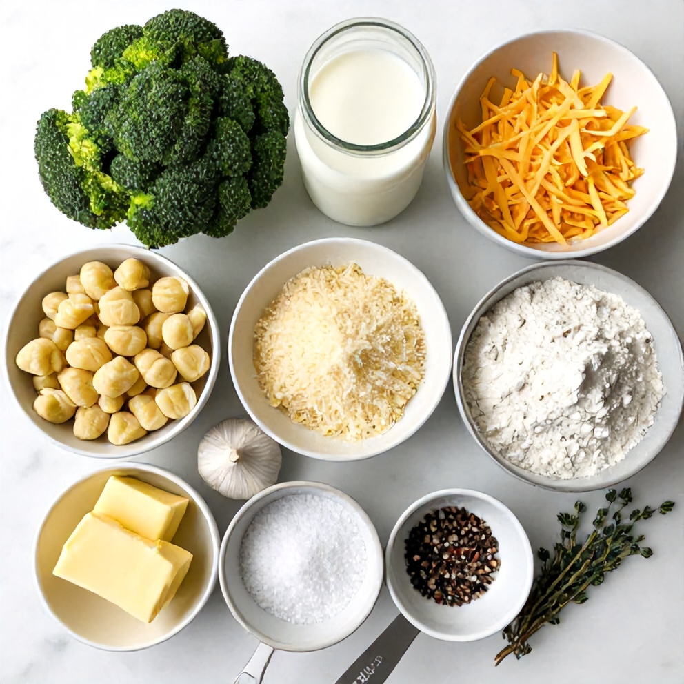 Gnocchi, broccoli, cheese, garlic, flour, milk, and butter for gnocchi and broccoli bake