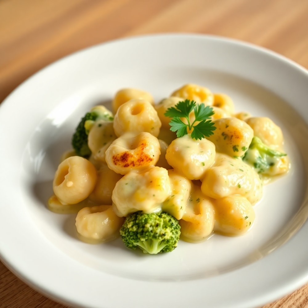 Plated serving of gnocchi broccoli bake