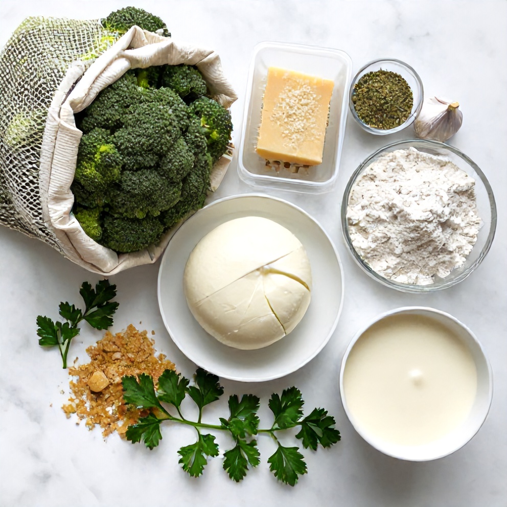 Raw ingredients for gnocchi broccoli bake