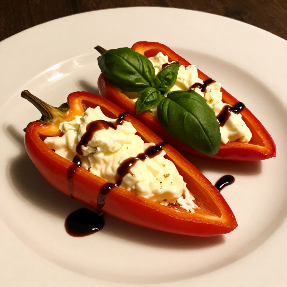 Plated goat cheese stuffed mini peppers on a white plate