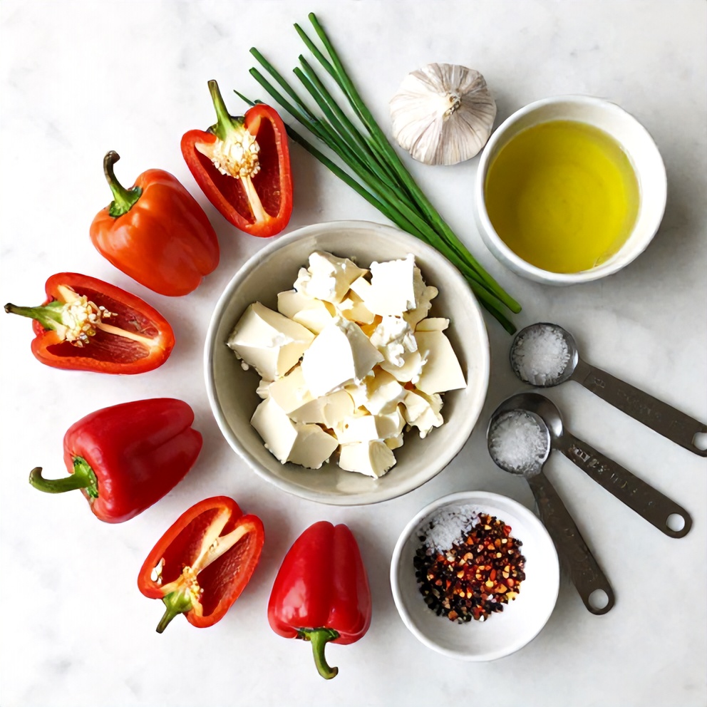 Raw ingredients for goat cheese stuffed mini peppers on a marble surface