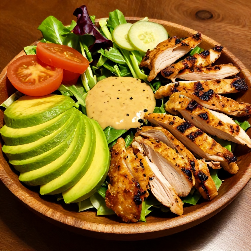 Plated grilled chicken cobb salad with avocado slices