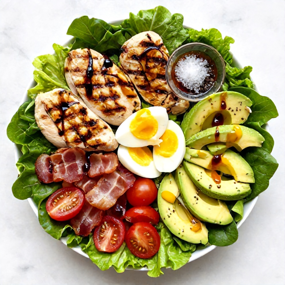 Raw ingredients for grilled chicken cobb salad on a marble surface