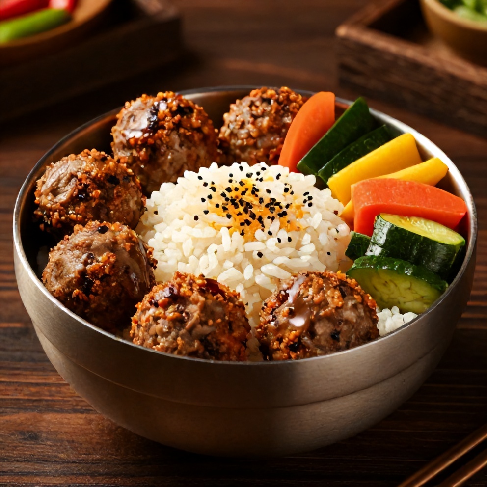 Plated Korean BBQ meatball rice bowl with crispy meatballs, steamed rice, and colorful veggies