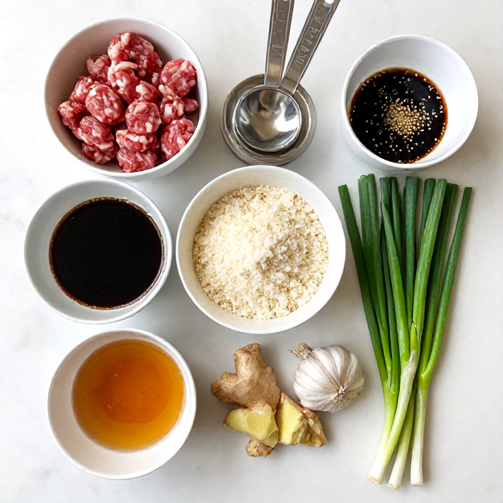 Raw ingredients for Korean BBQ meatballs including ground beef, green onions, soy sauce, and sesame oil