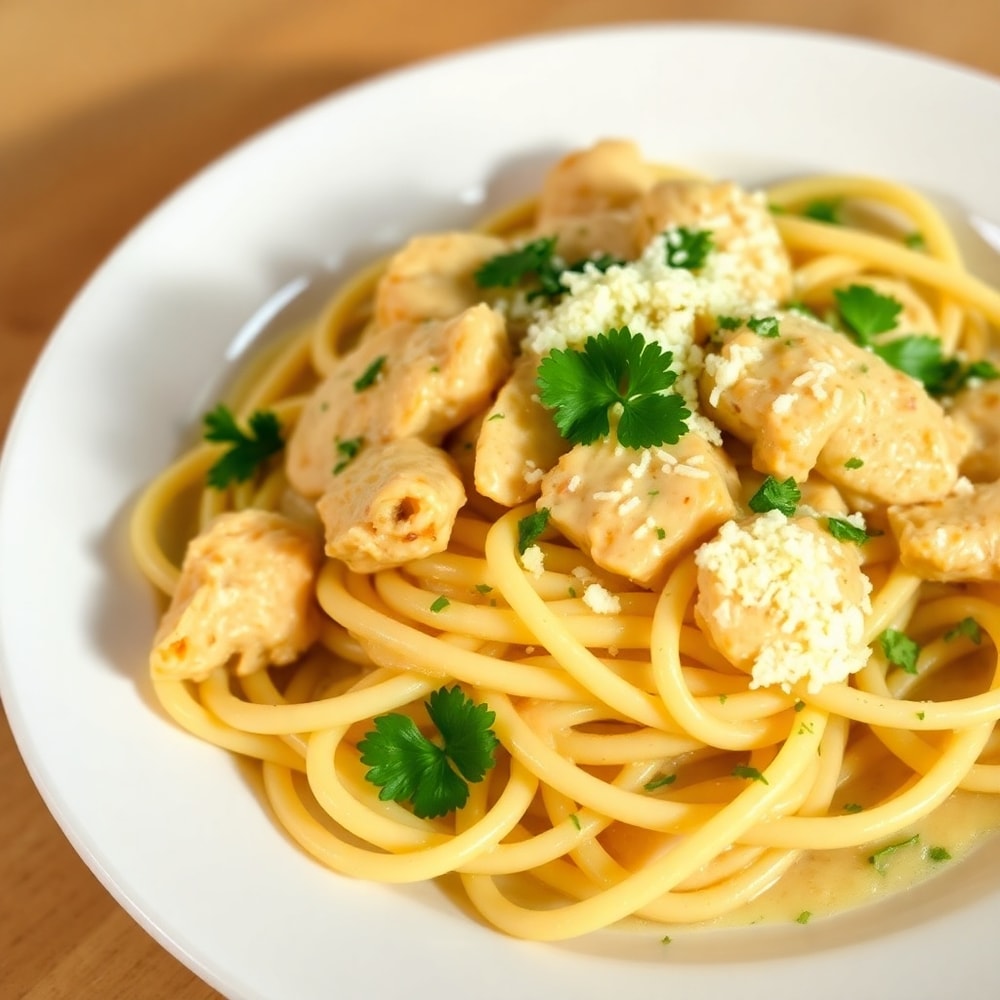 Easy Lemon Chicken Pasta plated with fresh parsley and grated Parmesan