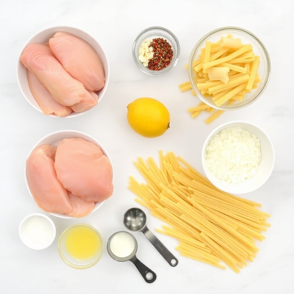 Raw ingredients for Easy Lemon Chicken Pasta: chicken, pasta, lemon, garlic, butter, heavy cream, Parmesan, salt, pepper, and red pepper flakes