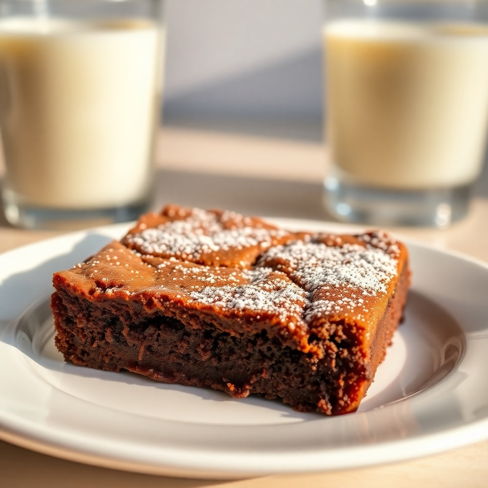 A perfectly baked Lunch Lady Brownie on a plate with a glass of milk