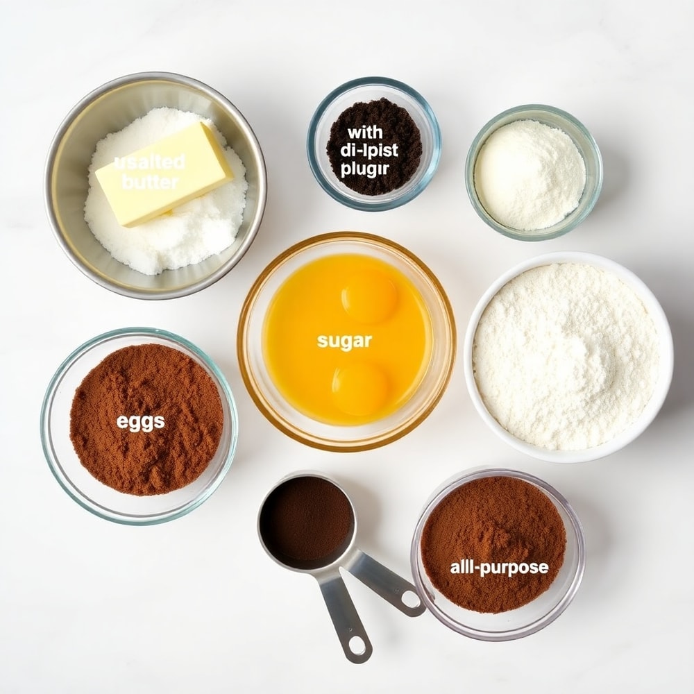 Ingredients for Lunch Lady Brownies including butter, sugar, eggs, flour, and cocoa powder