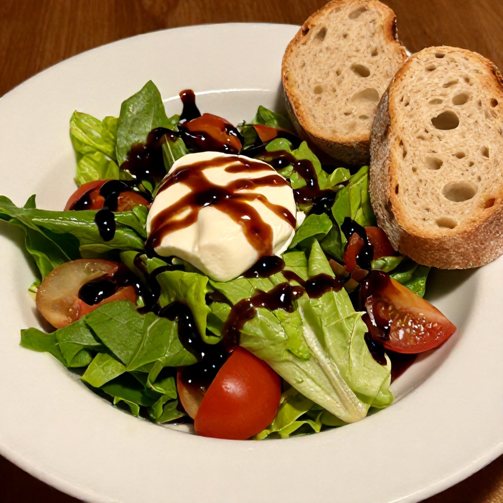 Plated Mediterranean salad with balsamic vinaigrette, served on a white plate with a side of crusty bread
