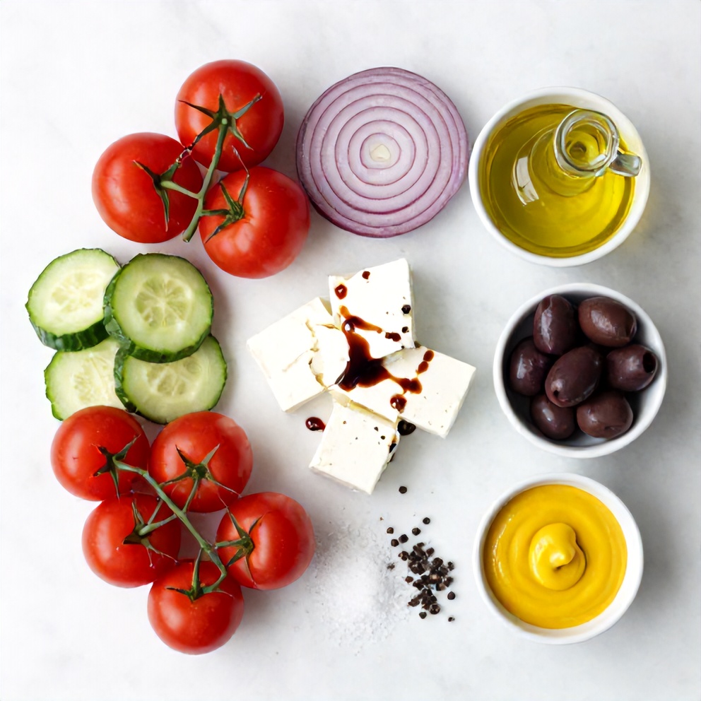 Raw ingredients for Mediterranean salad: cherry tomatoes, cucumber, red onion, olives, feta cheese, balsamic vinegar, olive oil, Dijon mustard, salt, and pepper