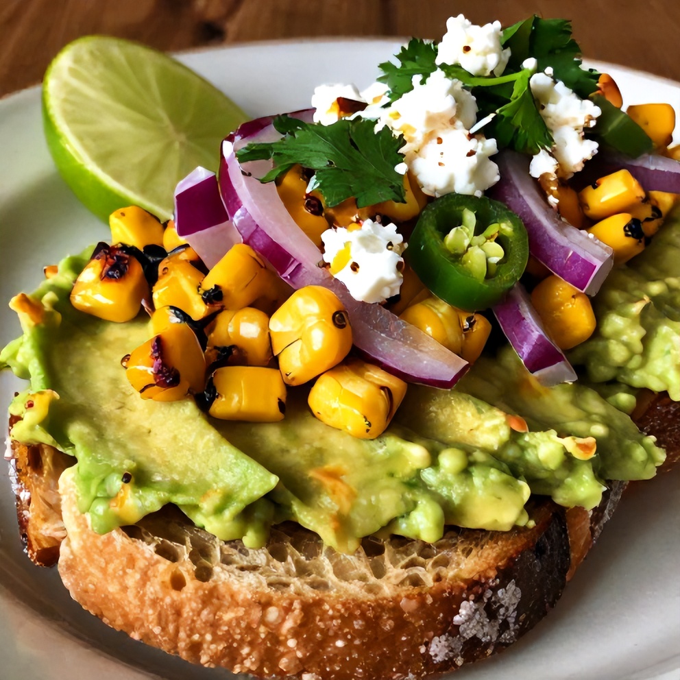 Close-up of Mexican Street Corn Avocado Toast with a lime wedge