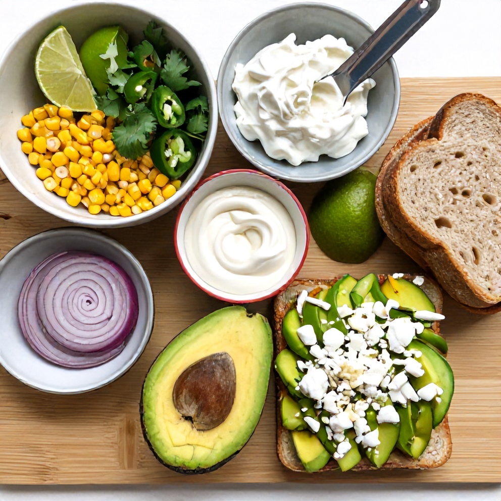 Raw ingredients for Mexican Street Corn Avocado Toast on a wooden surface