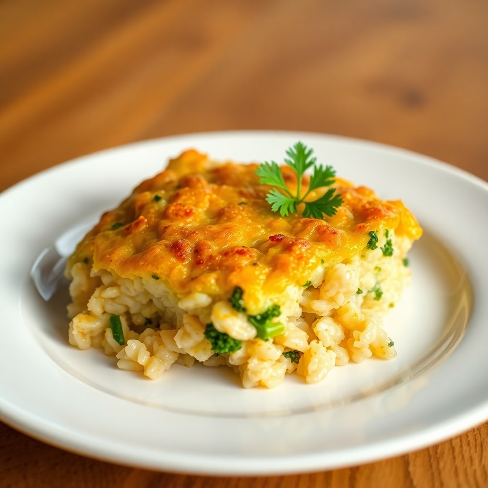 A steaming serving of chicken broccoli rice casserole on a dinner plate