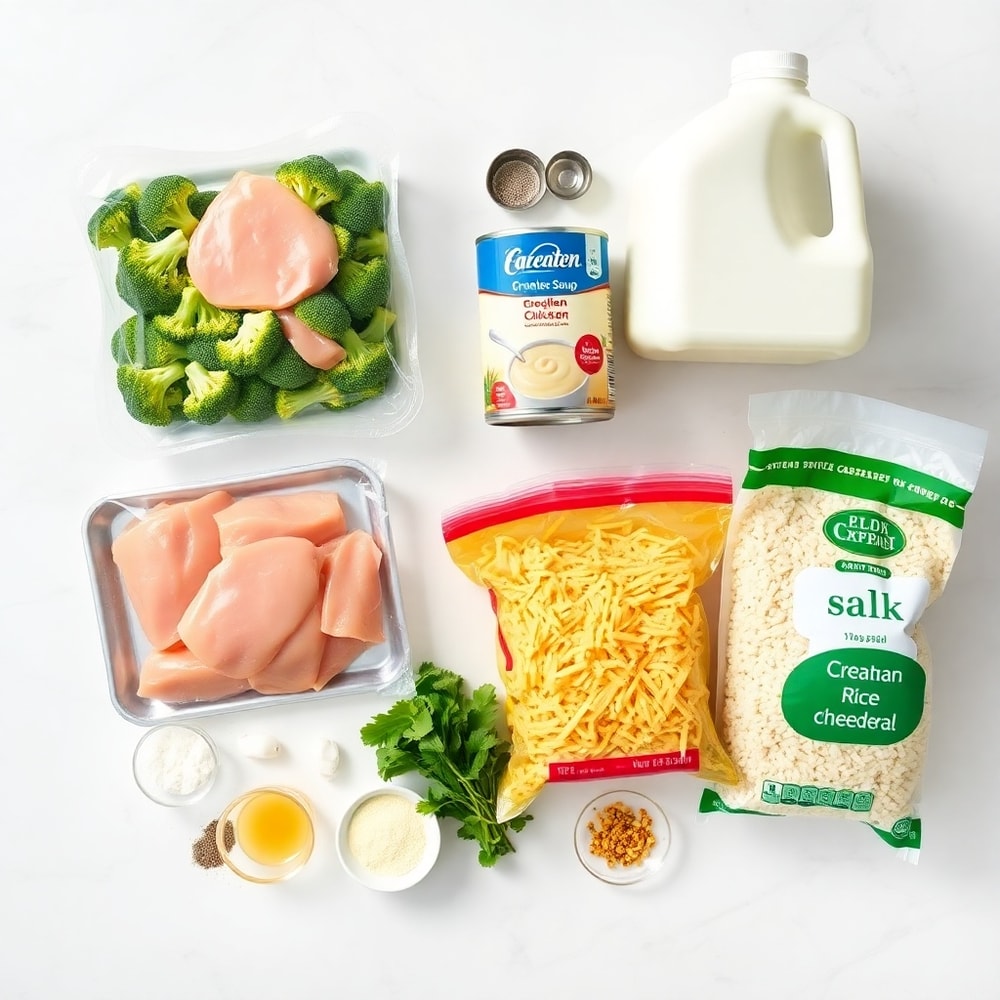 Raw ingredients for chicken broccoli rice casserole arranged on a marble surface