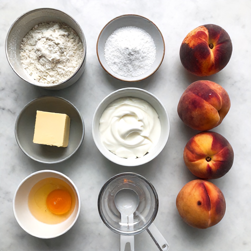 Peach Cobbler Cheesecake Bars ingredients on a marble counter