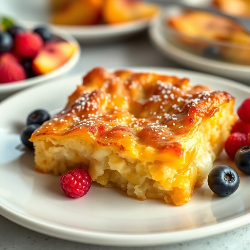 Plated Easy Peach Cobbler French Toast Bake with a side of fresh berries