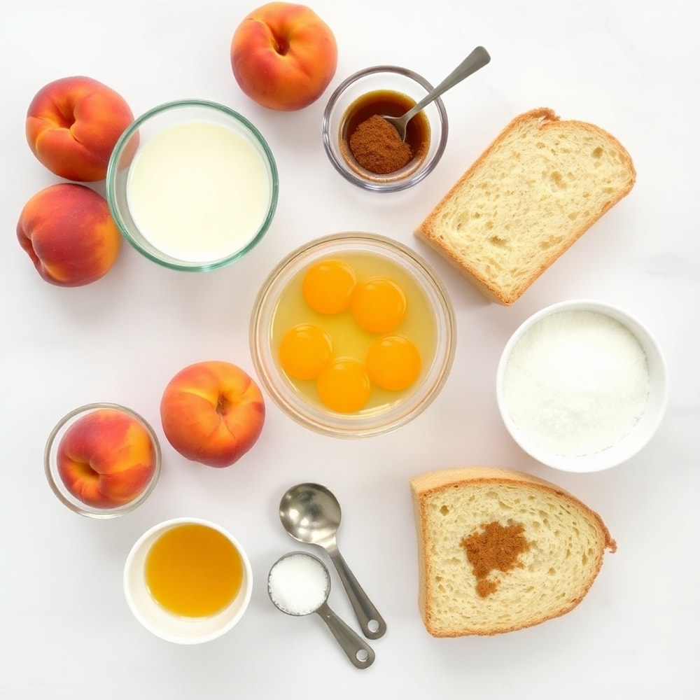 Raw ingredients for Easy Peach Cobbler French Toast Bake including peaches, bread, and cinnamon