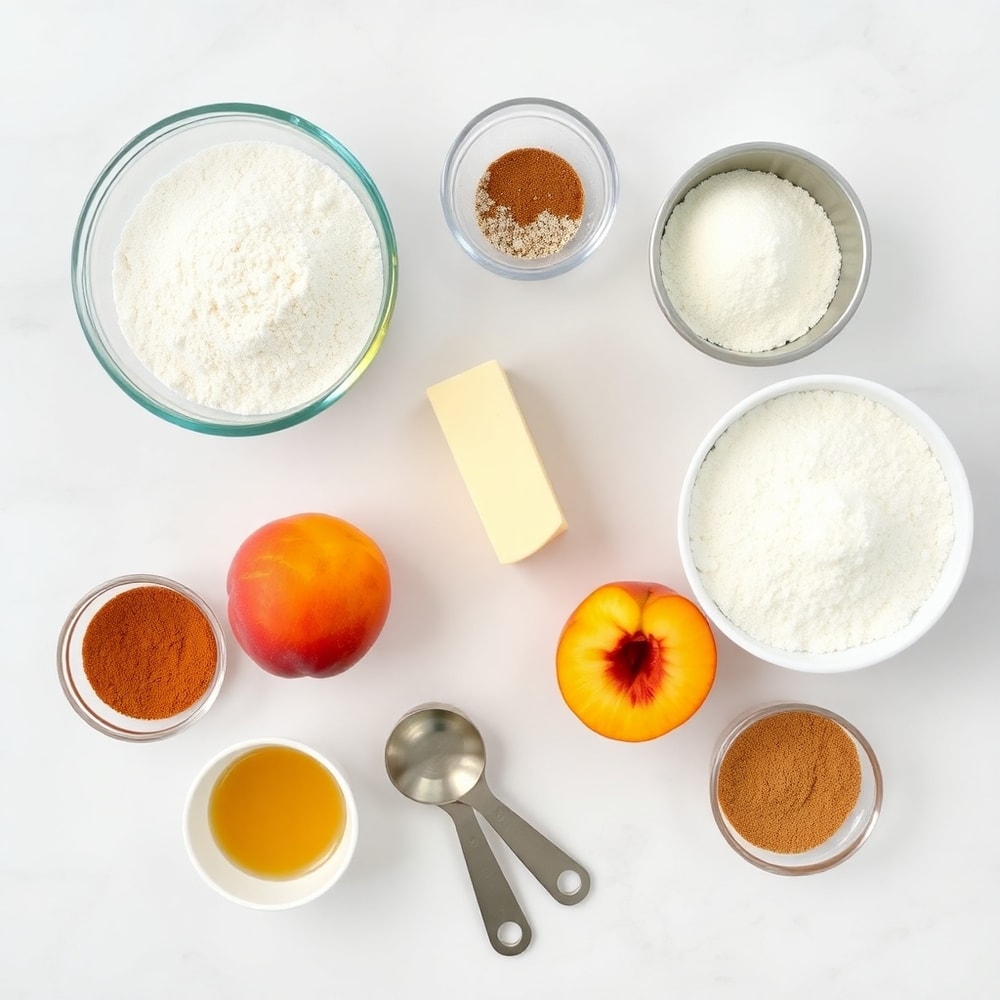 Raw ingredients for Peach Crumb Bars on a marble counter