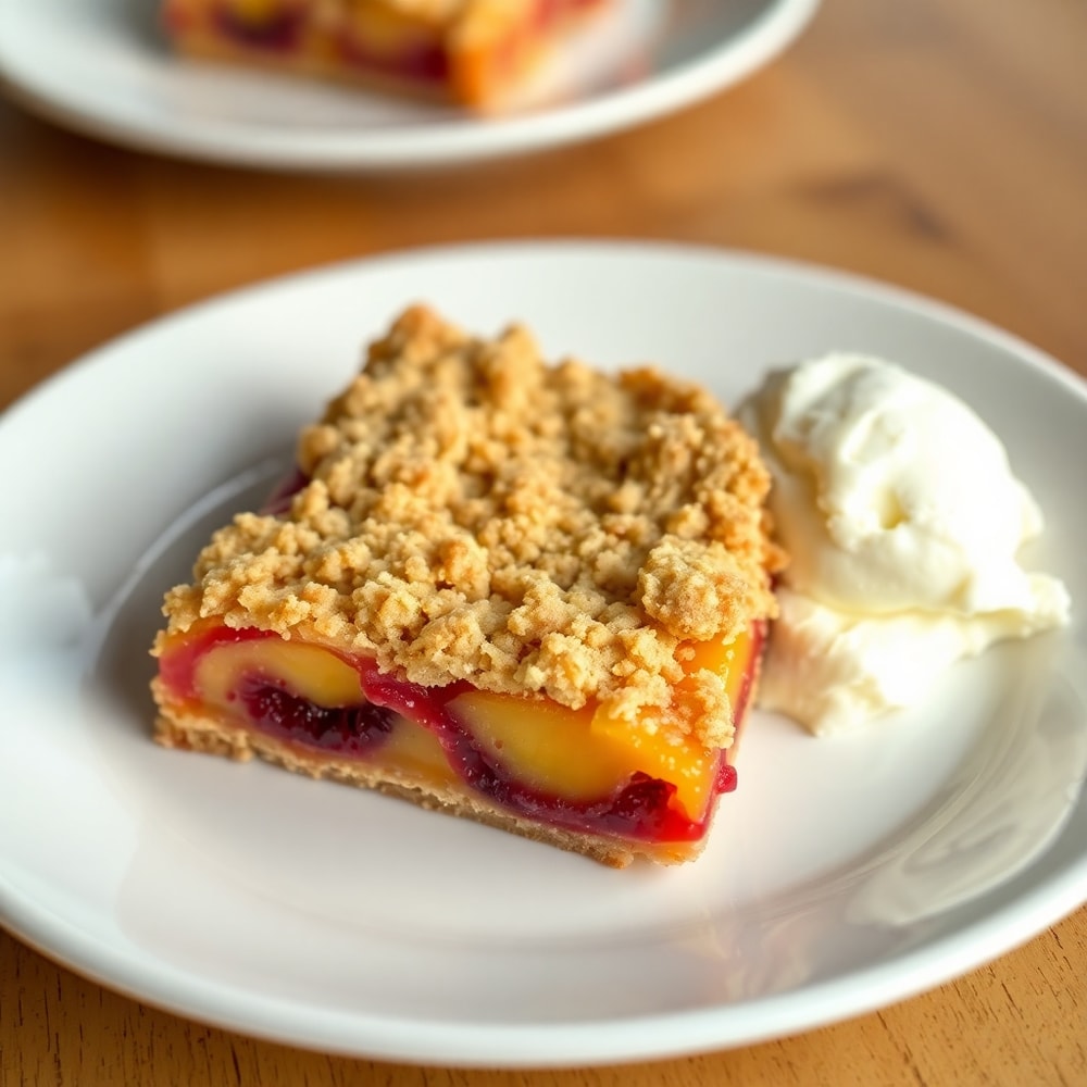 Plated Peach Raspberry Crumb Bars with a scoop of vanilla ice cream