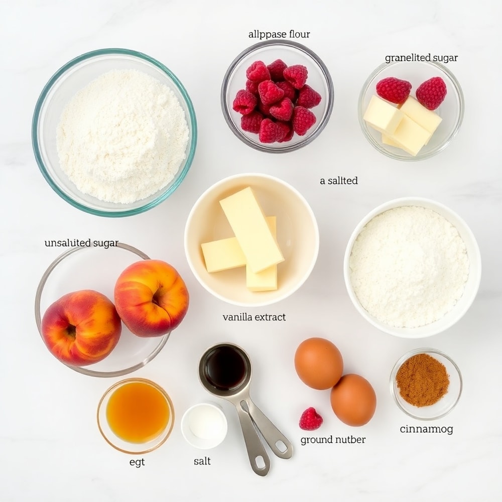 Raw ingredients for Peach Raspberry Crumb Bars on a marble surface