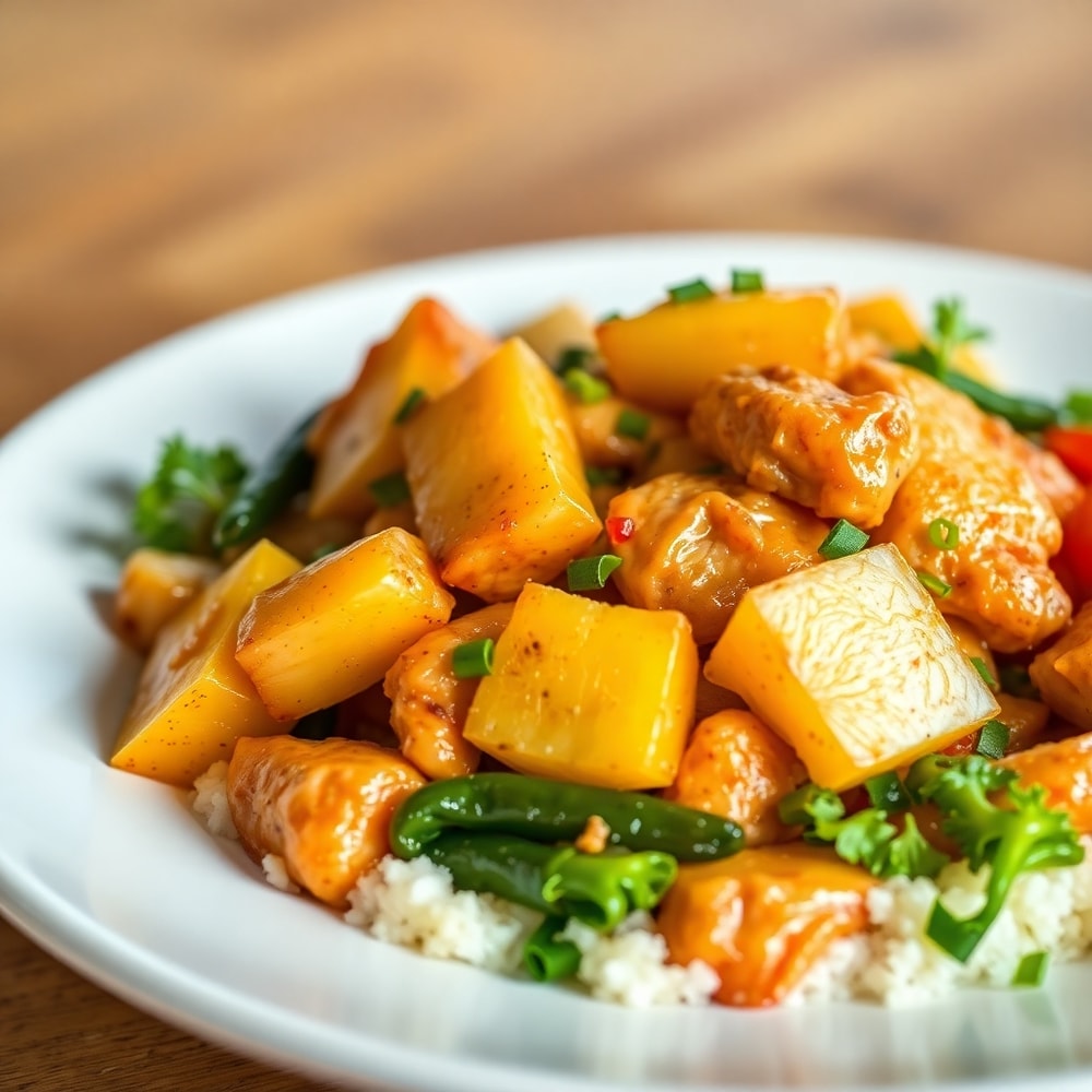 Pineapple Chicken Stir Fry plated on a white dish with green garnish