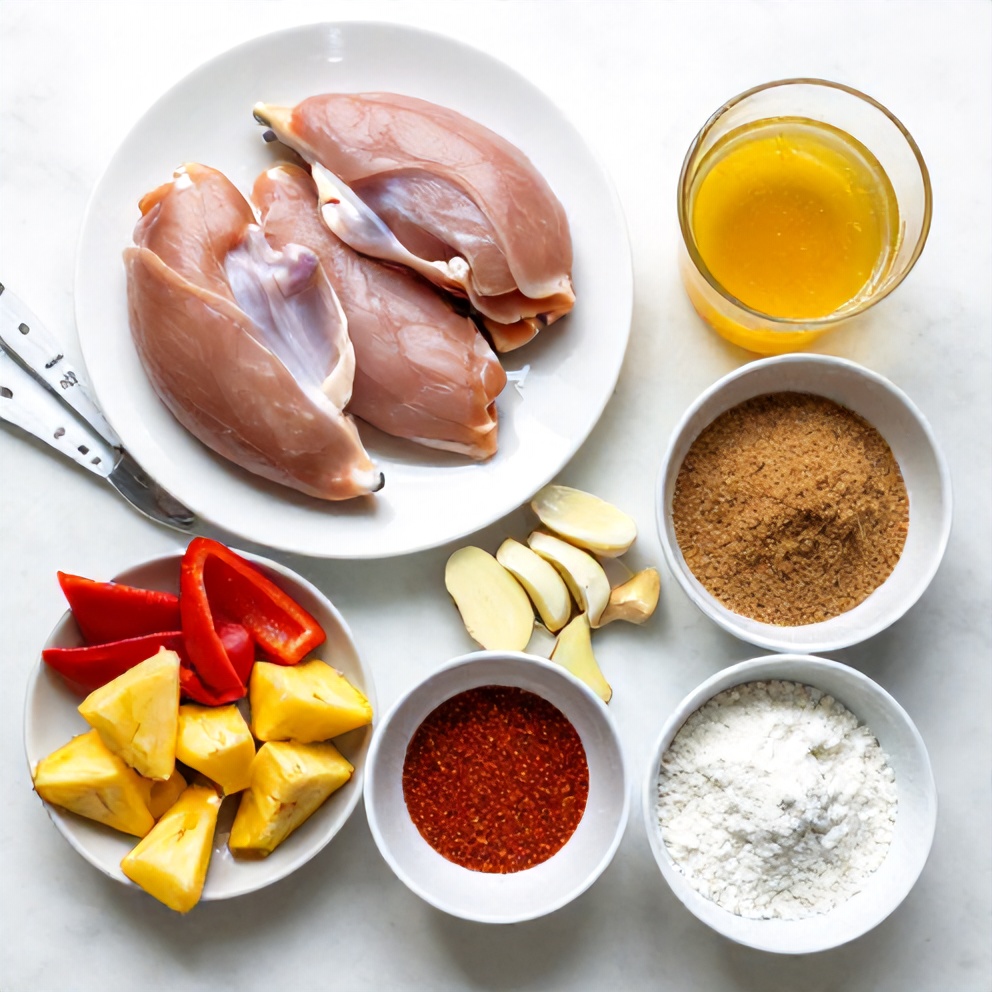 Raw ingredients for Pineapple Chicken Stir Fry on a white marble surface