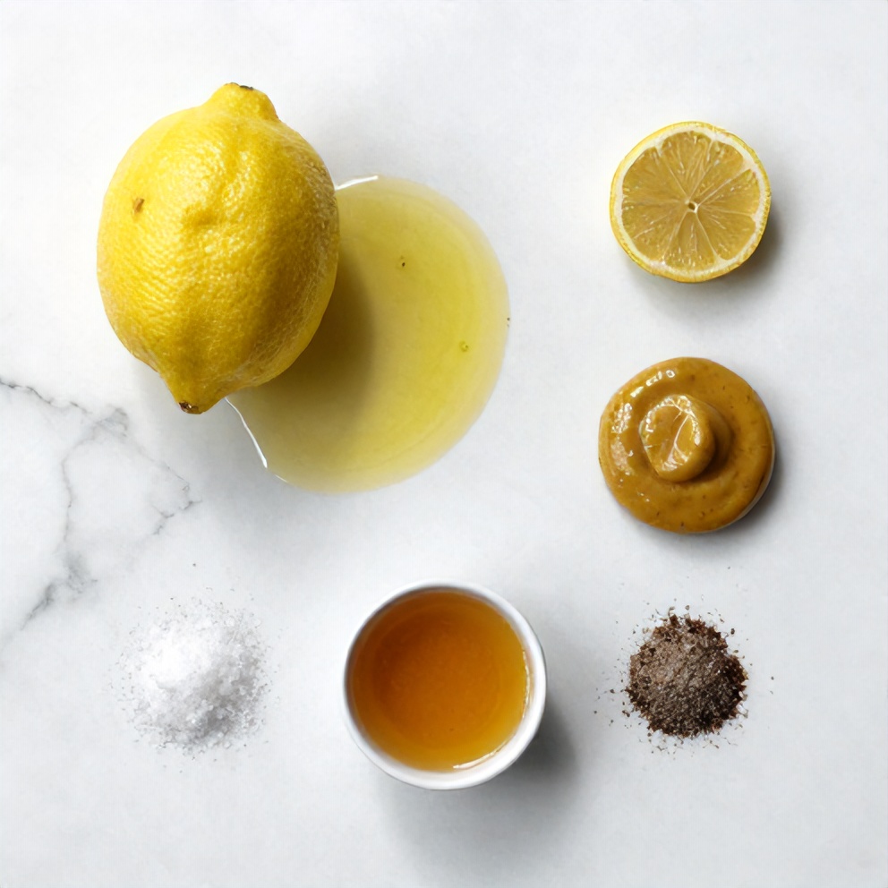 Lemon, olive oil, Dijon mustard, honey, salt, and pepper arranged on a white marble surface