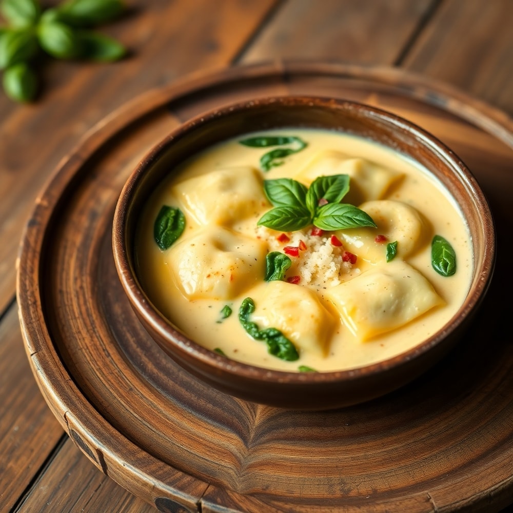 Bowl of Creamy Ravioli Soup