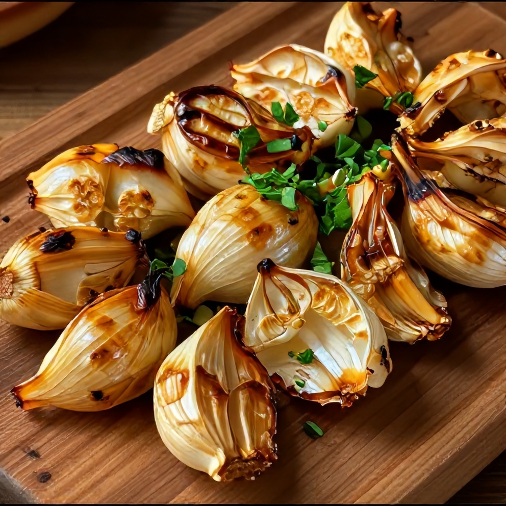 Roasted garlic cloves on a wooden board