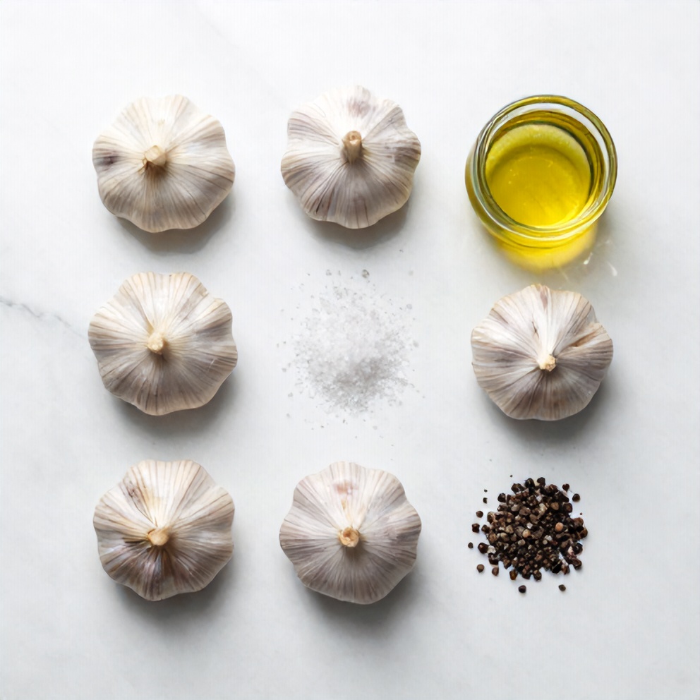 Raw garlic bulbs and olive oil on marble