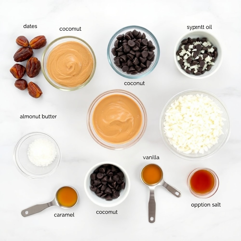 Ingredients for Samoa Truffles laid out on a white marble surface