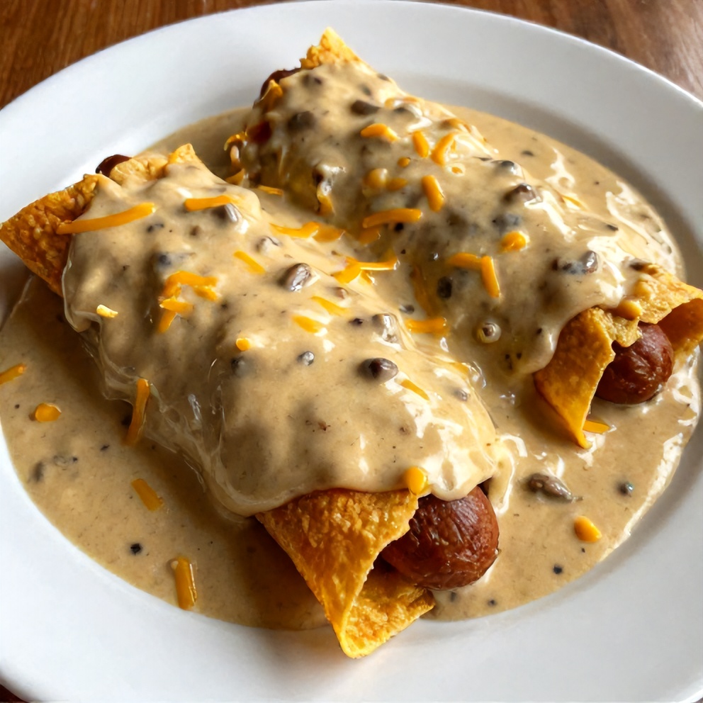 Plated serving of Easy Sausage Gravy Enchiladas