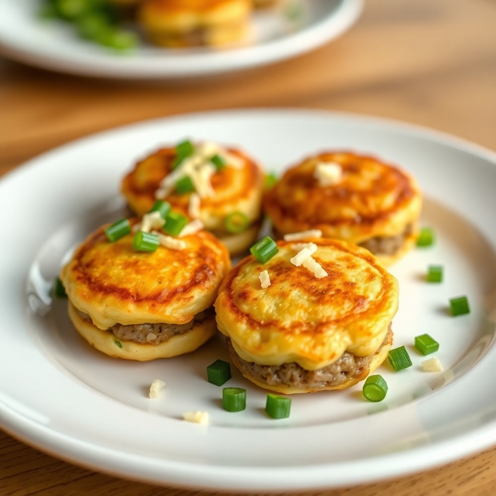 Plated sausage pancake bites with green onions on a white plate