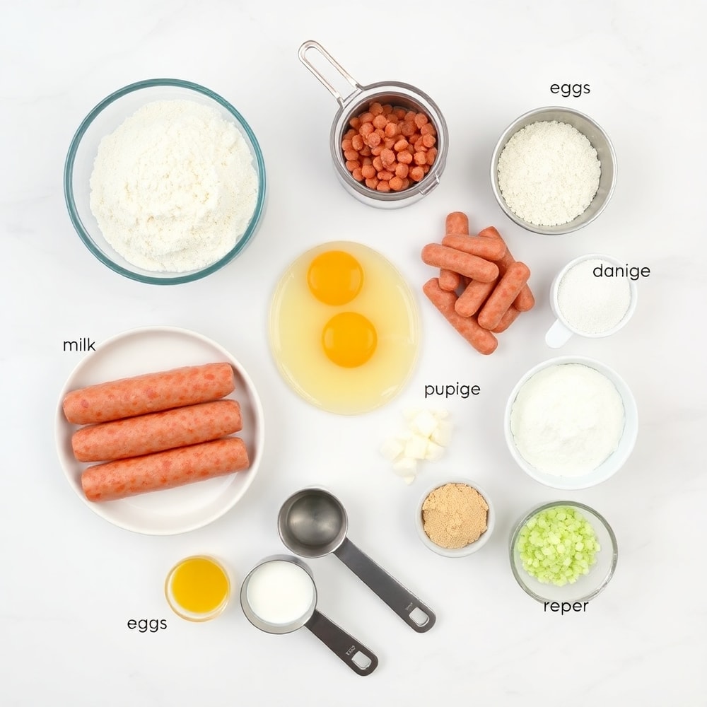 Raw ingredients for sausage pancake bites on a white marble surface