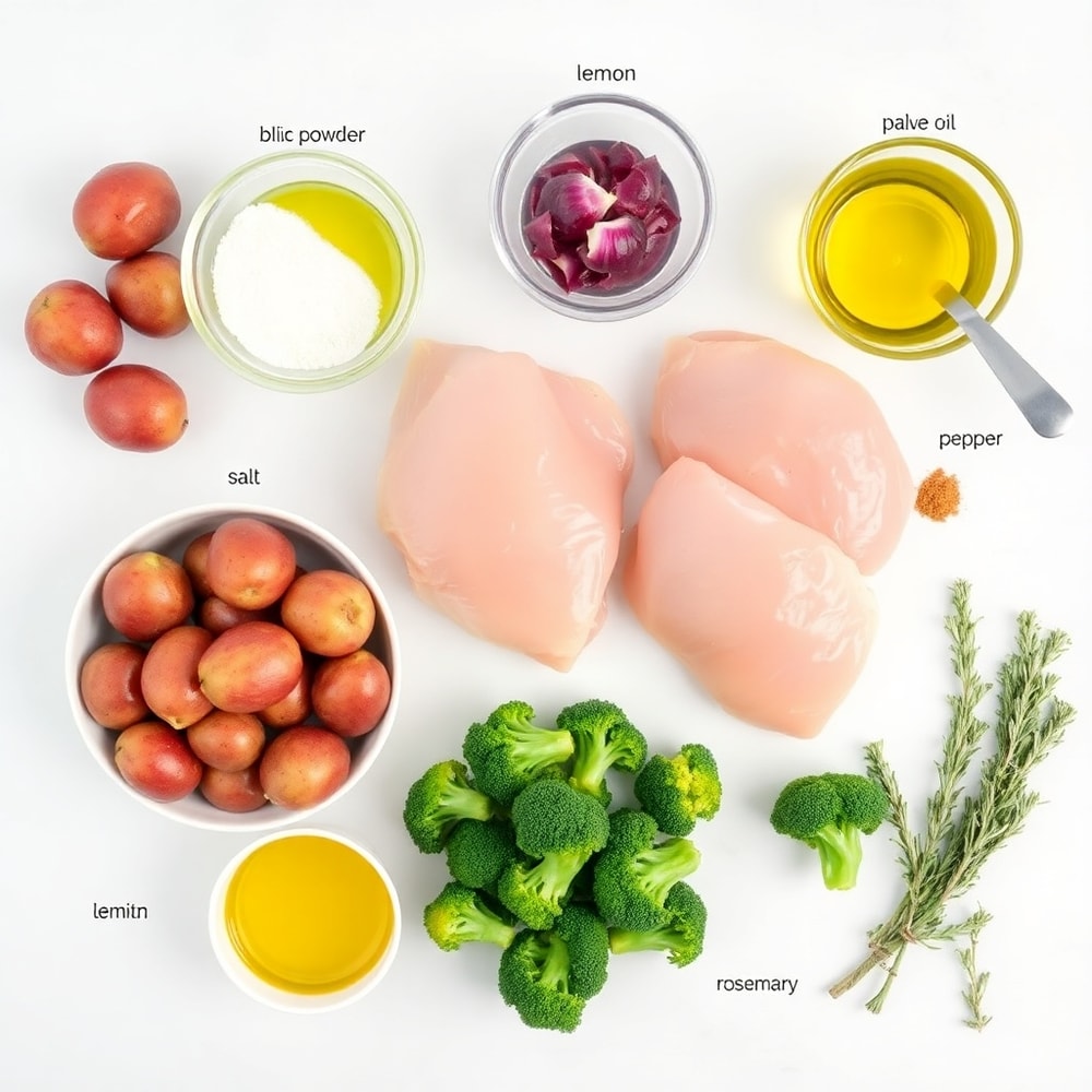 Raw ingredients for sheet pan lemon herb chicken