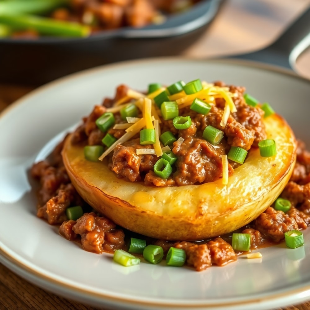 Plated Sloppy Joe Potato Skillet with green onions and shredded cheese