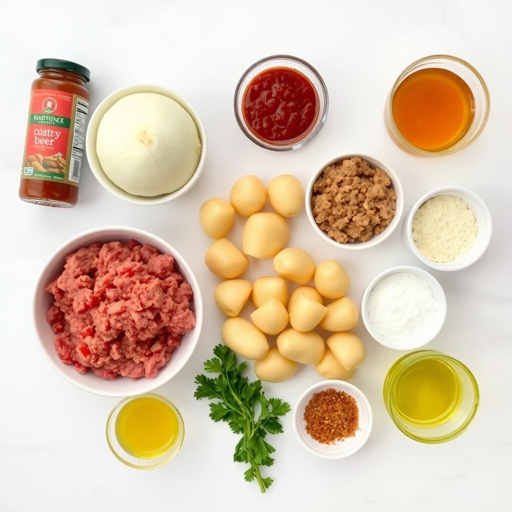 Raw ingredients for Sloppy Joe Potato Skillet arranged in a flat lay