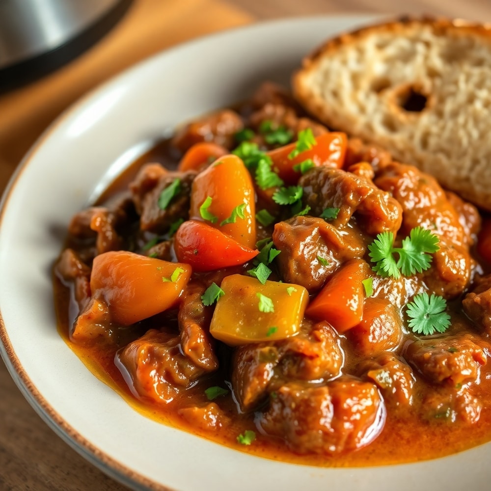 Plated Slow Cooker Beef and Pepper Stew