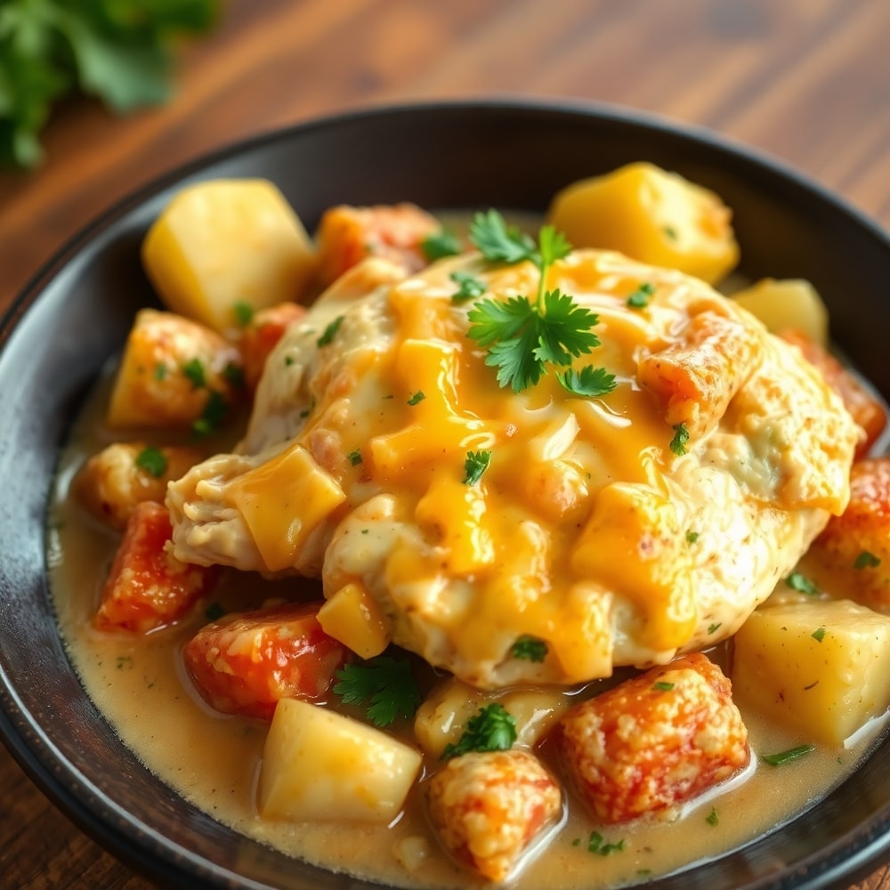 Finished Cheesy Ranch Chicken & Potatoes in Slow Cooker