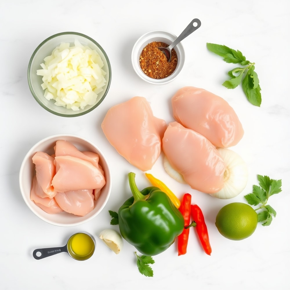 Raw ingredients for Easy Slow Cooker Chicken Fajitas on a white marble surface